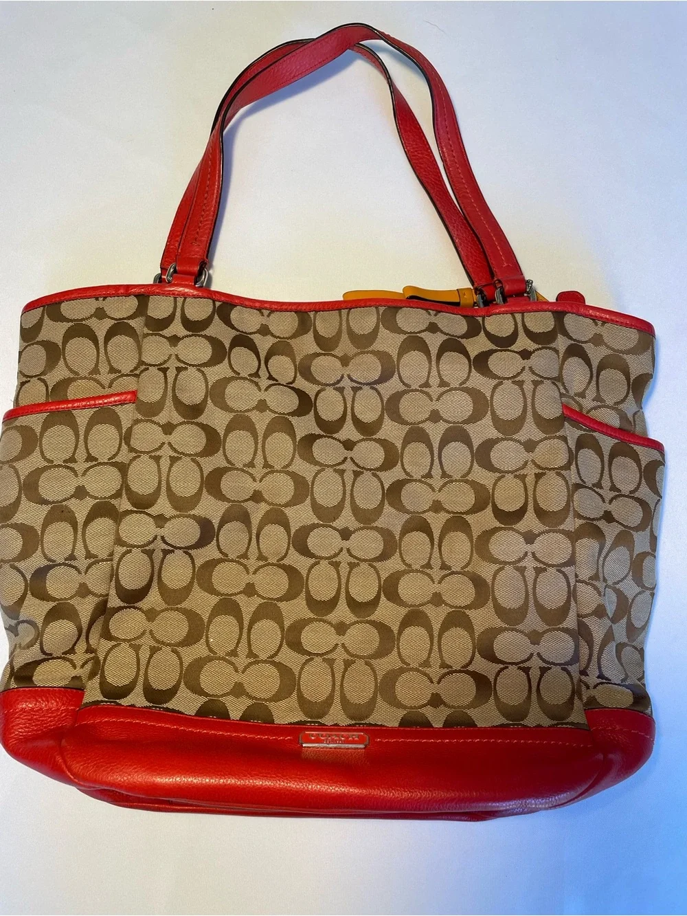 🔥 Coach Signature Jacquard Gallery Tote F23295 Red Leather Y2K
